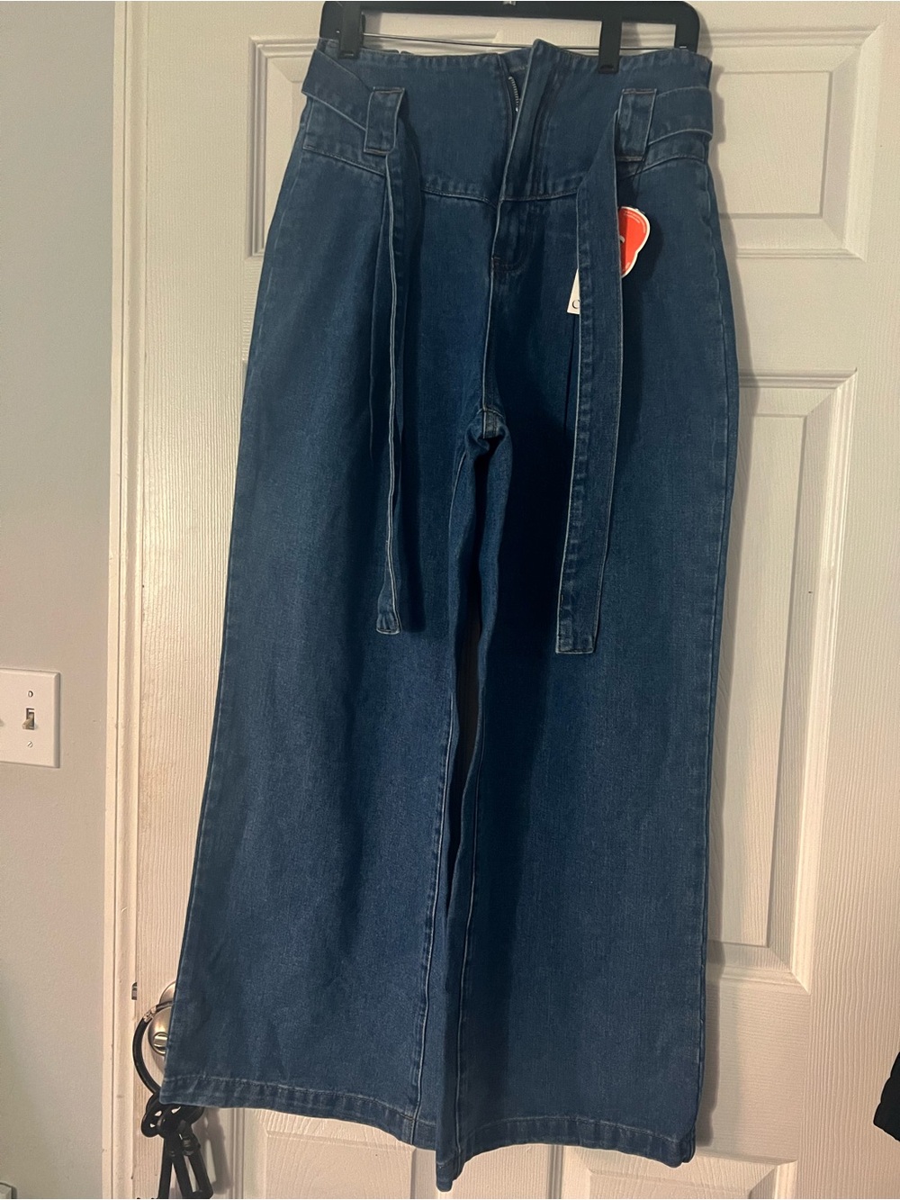 Cider Dark Blue High-Waist Wide Leg Jeans with Tie Belt